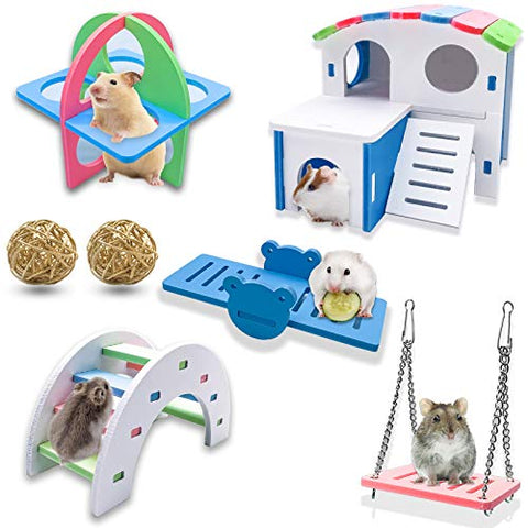 Sfcddtlg 7PCS Rainbow Hamster Toys-Dwarf Hamsters House-Wooden Gerbil Hideout Bridge Swing and Seesaw for Small Animal Gerbil Hamster Hedgehog(7PCS)